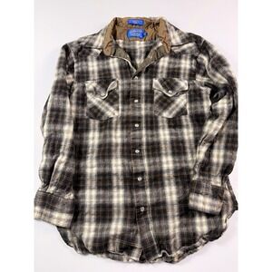 Pendleton Wool Flannel Shirt Mens Large Long Brown Plaid Western Snap Front